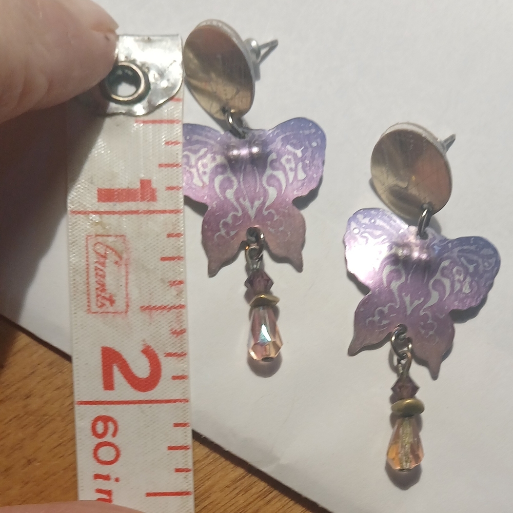 Artisan Purple Butterfly Earrings with Crystal Charm